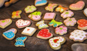 Close up image of freshly baked and decorated cookies